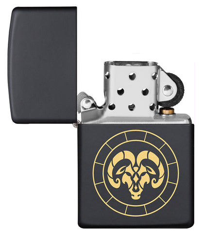 Aries Zodiac Sign Design Black Matte Windproof Lighter with its lid open and unlit