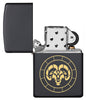 Aries Zodiac Sign Design Black Matte Windproof Lighter with its lid open and unlit