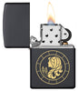 Virgo Zodiac Sign Design Black Matte Windproof Lighter with its lid open and lit