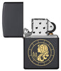 Virgo Zodiac Sign Design Black Matte Windproof Lighter with its lid open and unlit
