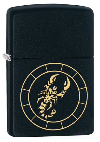 3/4 shot of Scorpio Zodiac Sign Design Black Matte Windproof Lighter