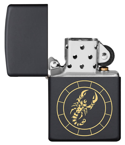  Scorpio Zodiac Sign Design Black Matte Windproof Lighter with its lid open and not lit