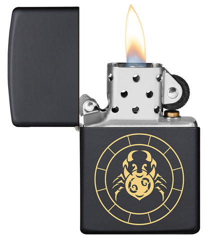 Cancer Zodiac Sign Design Black Matte Windproof Lighter with its lid open and lit