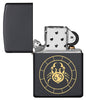 Cancer Zodiac Sign Design Black Matte Windproof Lighter with its lid open and unlit