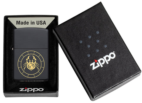 Cancer Zodiac Sign Design Black Matte Windproof Lighter in its packaging