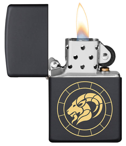 Capricorn Zodiac Sign Design Black Matte Windproof Lighter with its lid open and lit