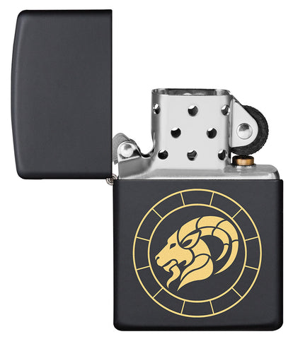 Capricorn Zodiac Sign Design Black Matte Windproof Lighter with its lid open and unlit