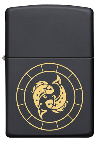 Front of Pisces Zodiac Sign Design Black Matte Windproof Lighter