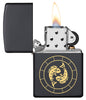 Pisces Zodiac Sign Design Black Matte Windproof Lighter with its lid open and lit