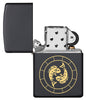 Pisces Zodiac Sign Design Black Matte Windproof Lighter with its lid open and unlit