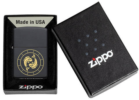 Pisces Zodiac Sign Design Black Matte Windproof Lighter in its packaging
