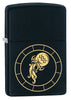 Front shot of Aquarius Zodiac Sign Design Black Matte Windproof Lighter standing at a 3/4 angle
