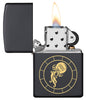 Aquarius Zodiac Sign Design Black Matte Windproof Lighter with its lid open and lit