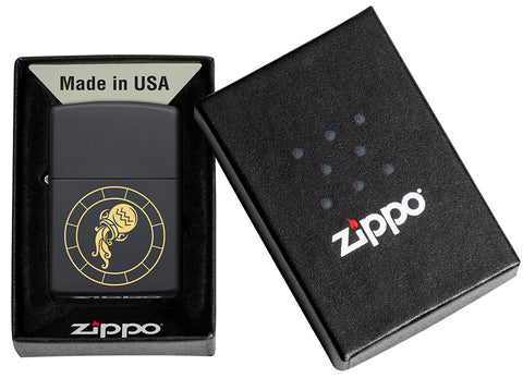 Aquarius Zodiac Sign Design Black Matte Windproof Lighter in its packaging