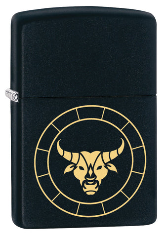 Front shot of Taurus Zodiac Sign Design Black Matte Windproof Lighter standing at a 3/4 angle