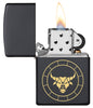 Taurus Zodiac Sign Design Black Matte Windproof Lighter with its lid open and lit