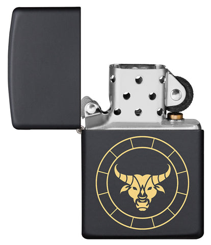 Taurus Zodiac Sign Design Black Matte Windproof Lighter with its lid open and unlit
