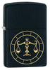 Front shot of Libra Zodiac Sign Design Black Matte Windproof Lighter standing at a 3/4 angle