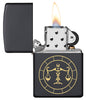 Libra Zodiac Sign Design Black Matte Windproof Lighter with its lid open and lit