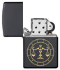 Libra Zodiac Sign Design Black Matte Windproof Lighter with its lid open and unlit