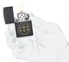 Libra Zodiac Sign Design Black Matte Windproof Lighter lit in hand