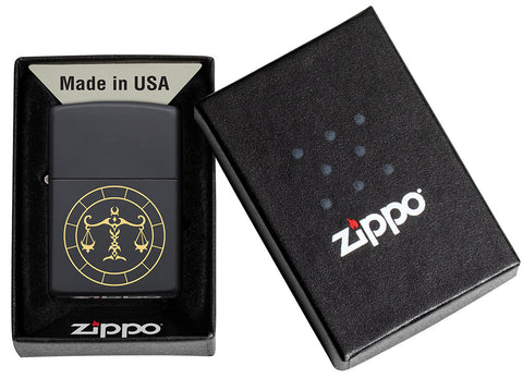 Libra Zodiac Sign Design Black Matte Windproof Lighter in its packaging