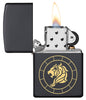 Leo Zodiac Sign Design Black Matte Windproof Lighter with its lid open and lit