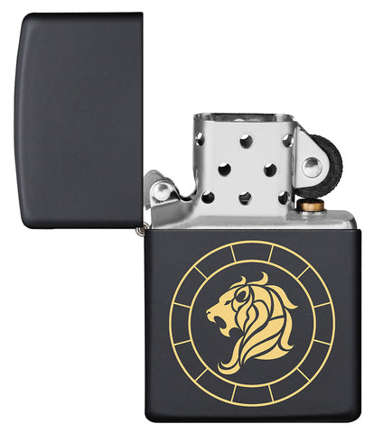 Leo Zodiac Sign Design Black Matte Windproof Lighter with its lid open and unlit