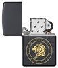 Leo Zodiac Sign Design Black Matte Windproof Lighter with its lid open and unlit