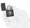 Leo Zodiac Sign Design Black Matte Windproof Lighter lit in hand