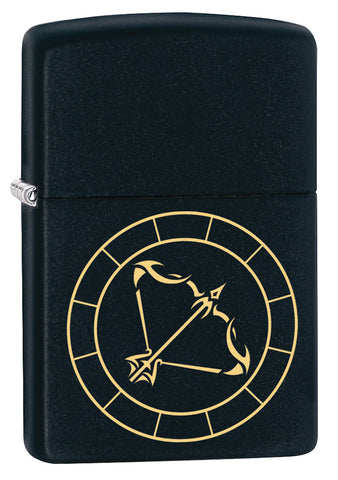 Front shot of Sagittarius Zodiac Sign Design Black Matte Windproof Lighter standing at a 3/4 angle