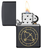 Sagittarius Zodiac Sign Design Black Matte Windproof Lighter with its lid open and lit