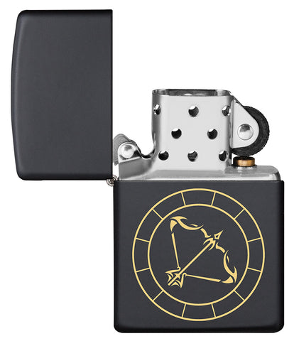 Sagittarius Zodiac Sign Design Black Matte Windproof Lighter with its lid open and unlit