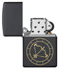 Sagittarius Zodiac Sign Design Black Matte Windproof Lighter with its lid open and unlit