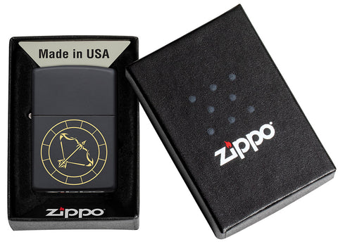Sagittarius Zodiac Sign Design Black Matte Windproof Lighter in its packaging