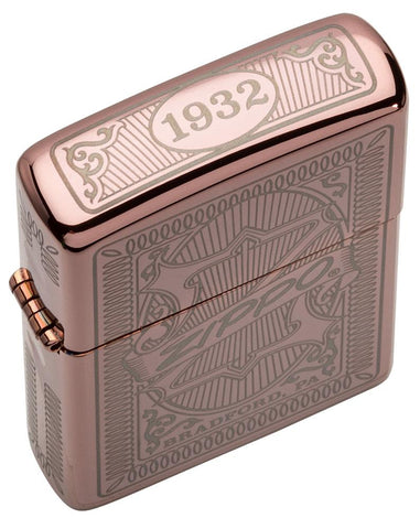 Top view shot of Reimagine Zippo High Polish Rose Gold Windproof Lighter, showing the engraving on the top of the lid.