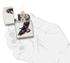 Front view of the Patriotic Eagle Soldiers Lighter in hand, open and lit 