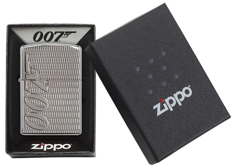 James Bond  Deep Carve  High Polish Chrome Windproof Lighter in packaging