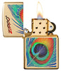 Peacock Feather Design Windproof Pocket Lighter with its lid open and lit.