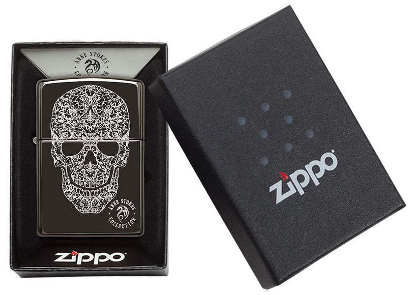 Anne Stokes Fancy Skull High Polish Black windproof lighter in packaging