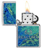 Realtree® Blue and Green Camo Street Chrome™ Windproof Lighter with its lid open and lit.