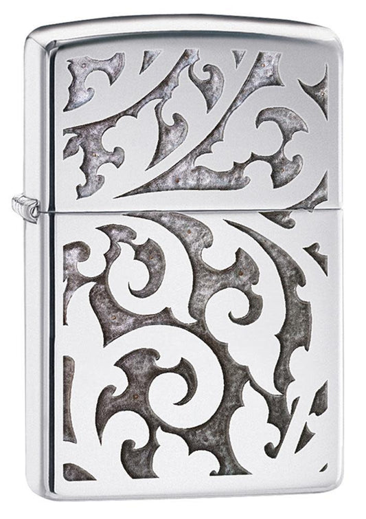 High Polish Chrome Filigree Windproof Lighter 3/4 View