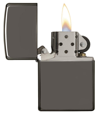 Black Ice® Windproof Lighter with its lid open and lit