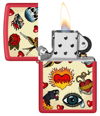 Zippo Tattoo Design Windproof Lighter with its lid open and lit.
