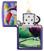 Toucan Design Purple Matte Windproof Lighter with its lid open and lit
