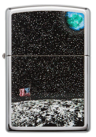 Front view of the High Polish Chrome Moon Landing Design Lighter in one box packaging 