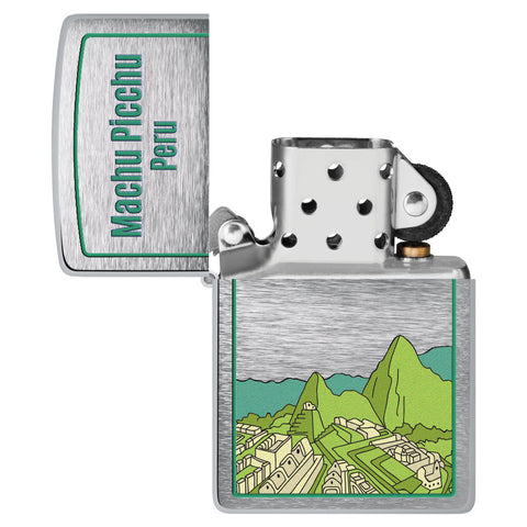 Machu Picchu Design Windproof Lighter with its lid open and unlit.