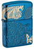 Front view of Skull Design Armor® High Polish Blue Windproof Lighter standing on a 3/4 angle.