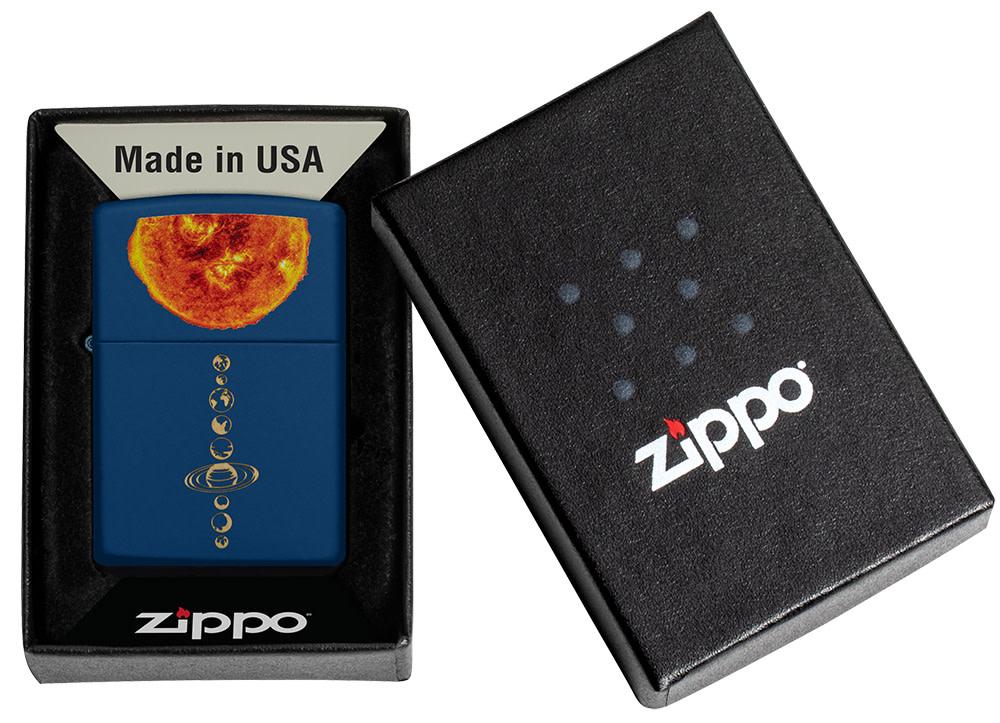 Solar System Design Navy Matte Windproof Lighter in it's packaging.