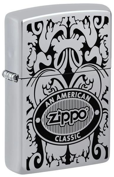 Front shot of Zippo American Classic Windproof Lighter standing at a 3/4 angle.